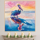 Colorful Pelican Watercolor Painting with Ocean Sunset and Reflected Shoreline View on Ready to Hang 1.5" Thick Canvas Wrap, Floating Framed Canvas, Flat Rolled Canvas